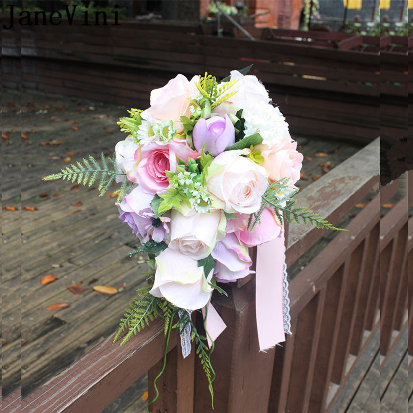 Cheap Silk Wedding Flowers
 JaneVini Vintage Waterfall Pink Purple Wedding Bouquets