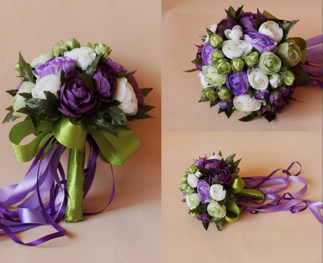 Cheap Silk Wedding Flowers
 Purple White Bridal Wedding Bouquet 2015 Romantic Cheap
