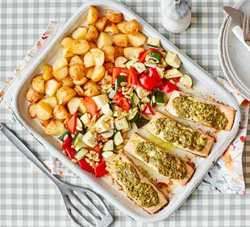 Child Food Recipe
 Salmon pesto traybake with baby roast potatoes recipe