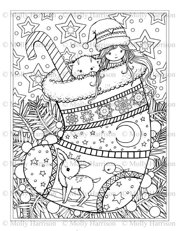 Christmas Coloring Book For Adults
 Christmas Stocking Coloring Page Cat Deer Cute Little