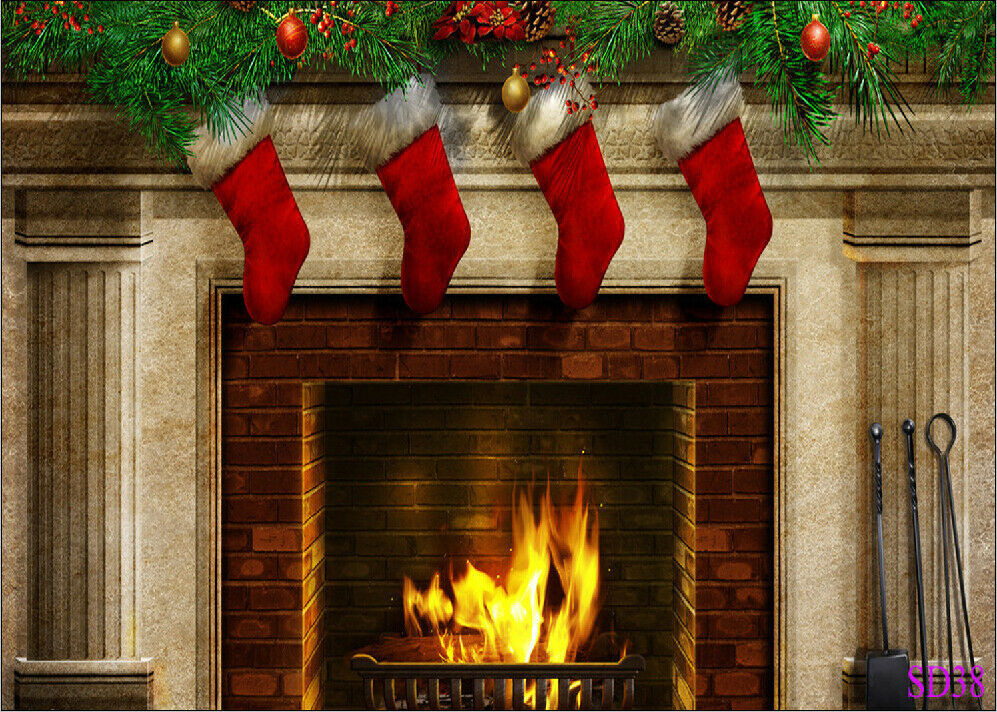 Christmas Fireplace Backdrop
 Christmas Fireplace Socks Vinyl Backdrop graphy Prop