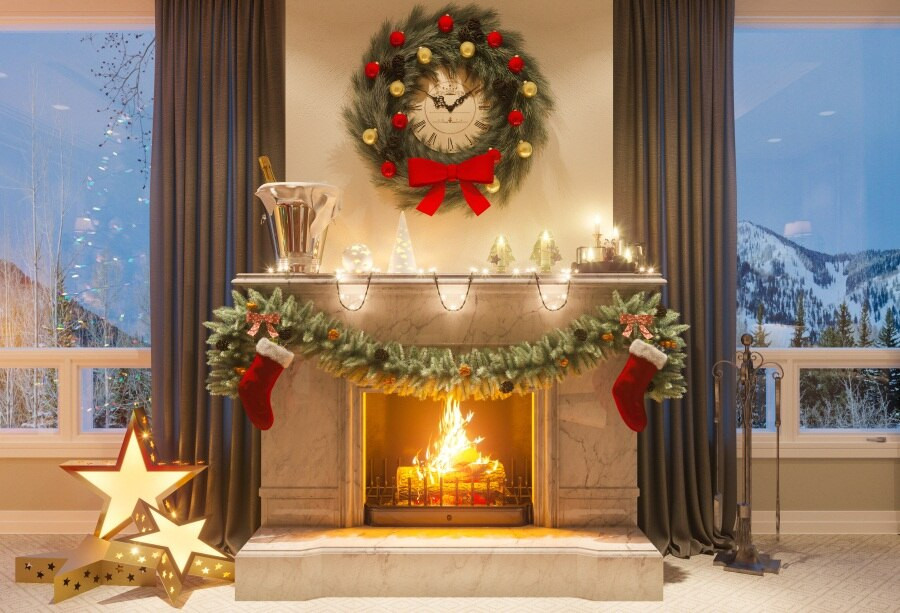 Christmas Fireplace Backdrop
 Laeacco Christmas Fireplace Flower Wreath Clock Candy Star