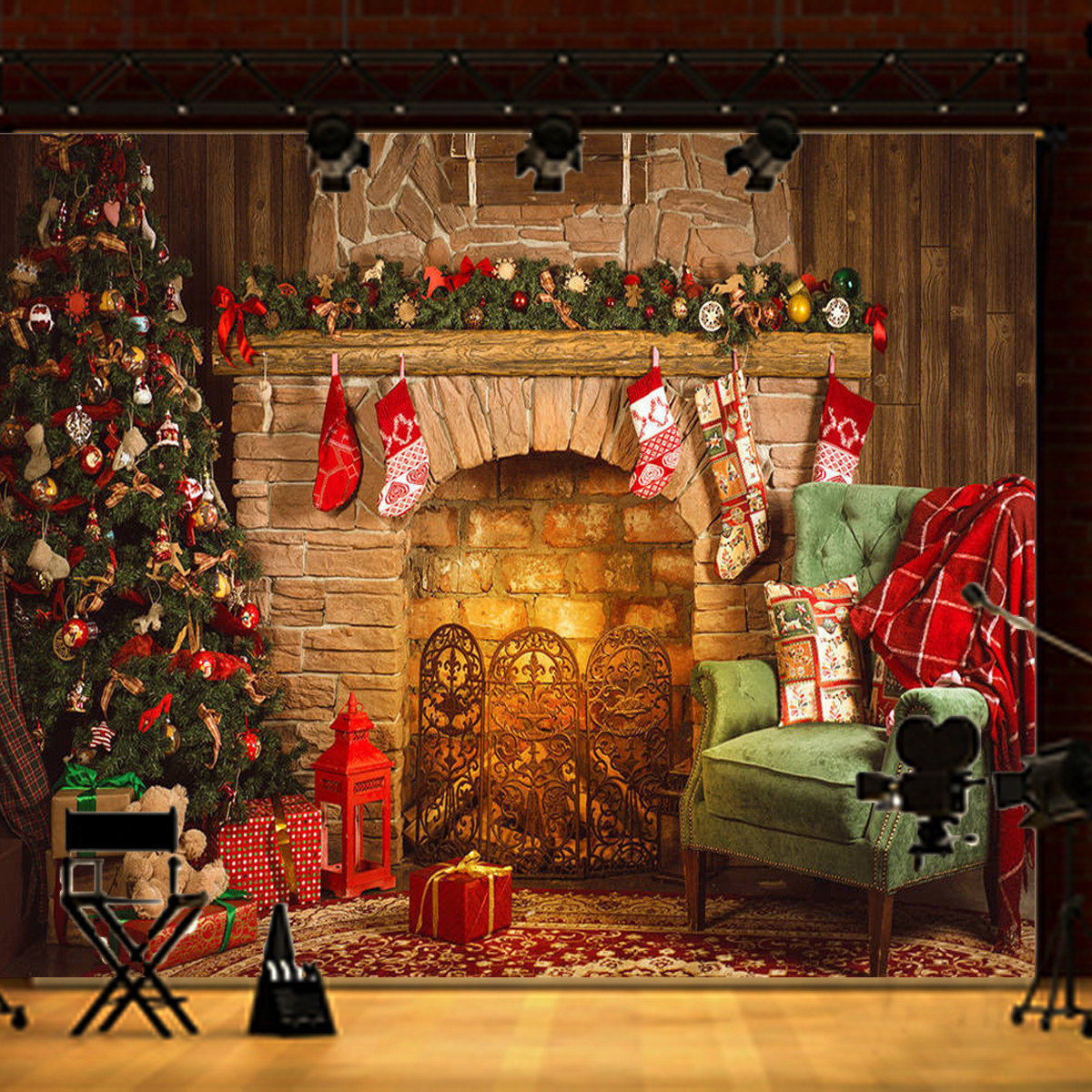 Christmas Fireplace Backdrop
 7x5FT Christmas Tree Fireplace Chair Gift graphy