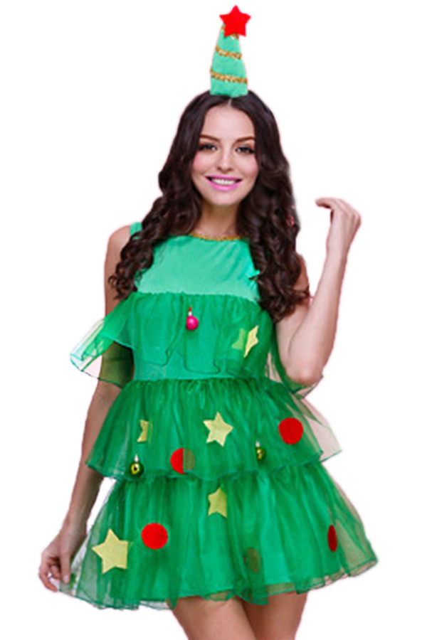 Christmas Tree Costume DIY
 Green Cute Womens Christmas Tree Pleated Elf Santa Helper