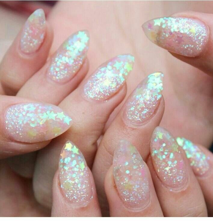 Clear Glitter Nails
 Glittered nails with stars Nails Pinterest