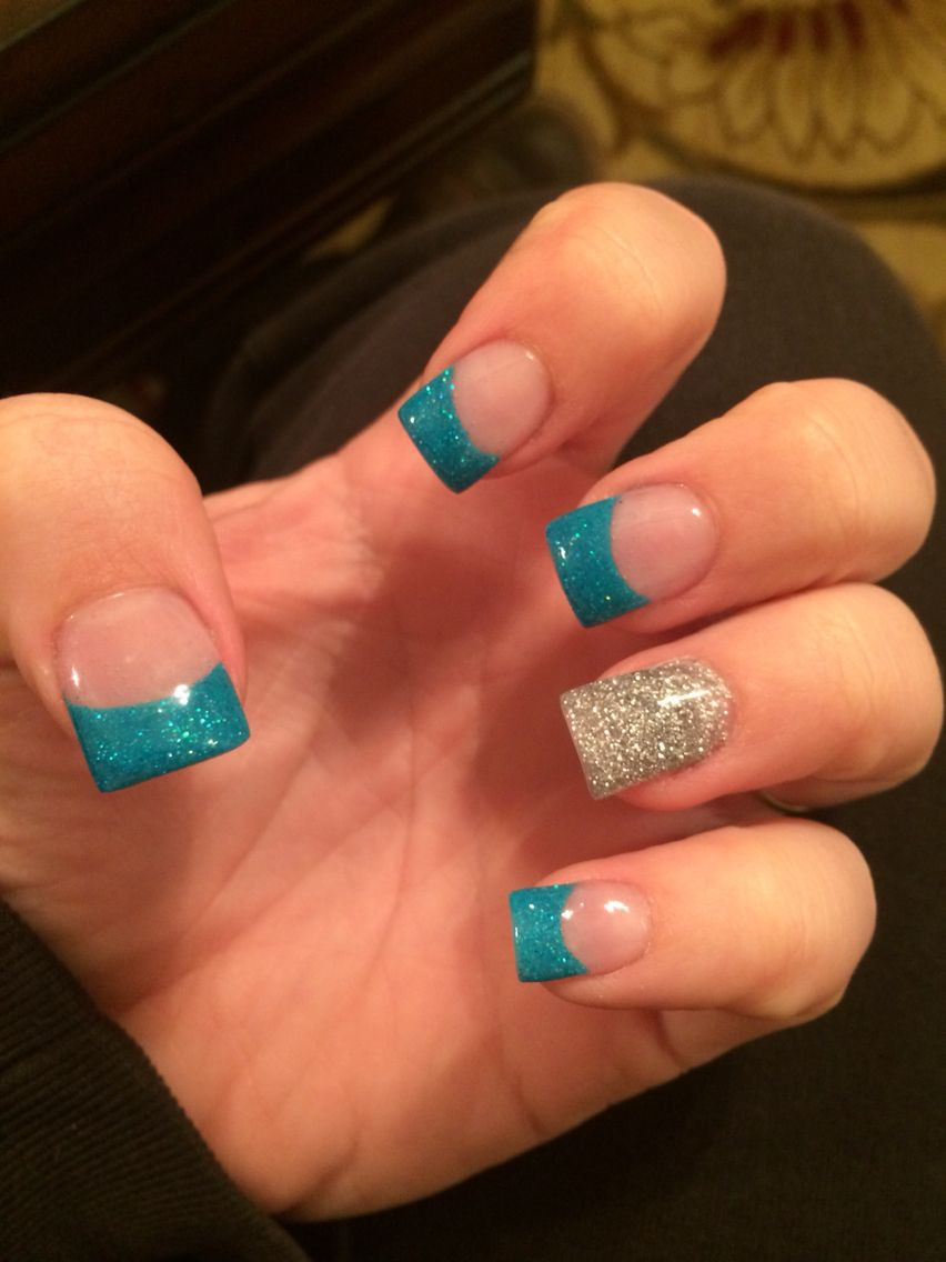 Colored Acrylic Nail Designs
 Teal and silver acrylic nails