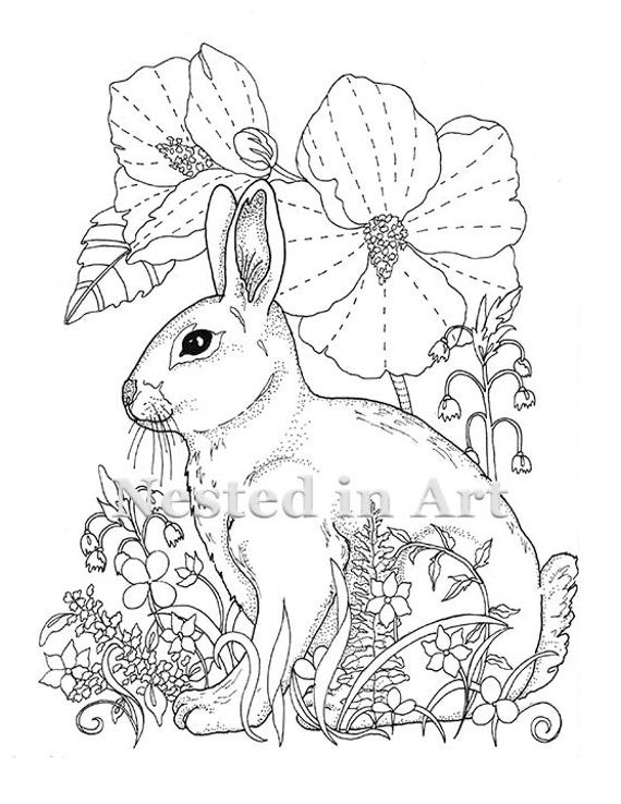 Coloring Book Adults
 Adult Coloring Page Bunny and Hibiscus Digital Download