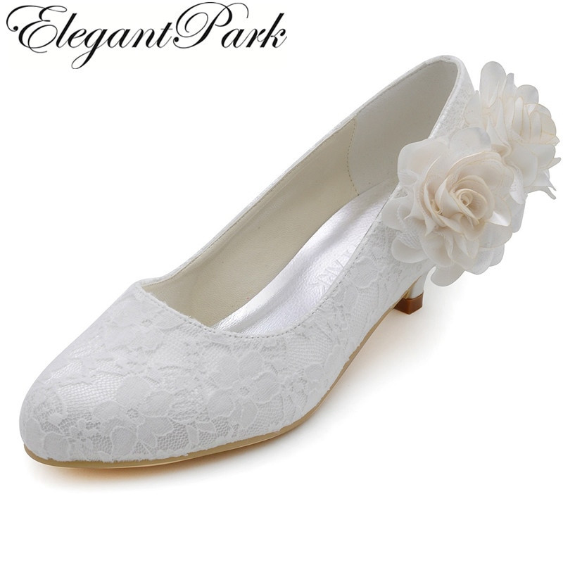 Comfortable Ivory Wedding Shoes
 Women Wedding Lace Shoes EP2130 Ivory Round Toe Low Heel