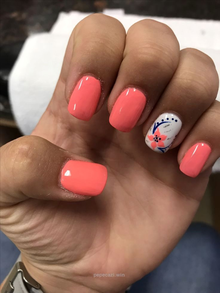 Coral Color Nail Designs
 Coral and white flower nails… in 2019