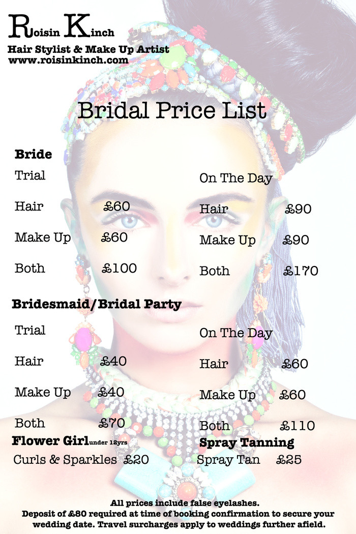 Cost Of Wedding Hair And Makeup
 Price List Roisin Kinch Hair stylist and make up