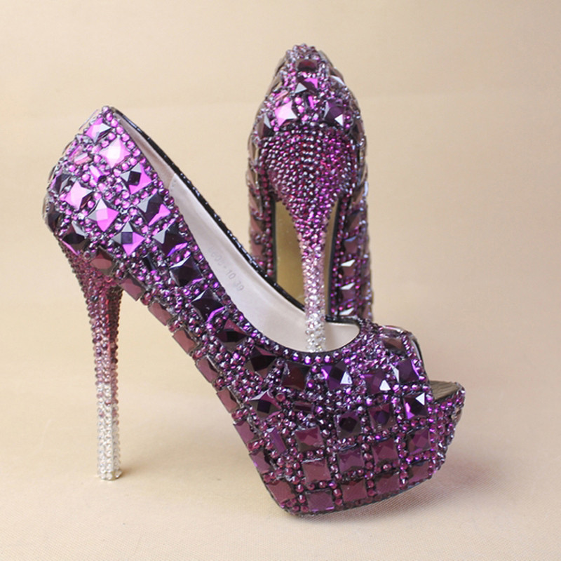Crystal Heels Wedding Shoes
 New Purple Crystal Rhinestone Bride Shoes High Heel