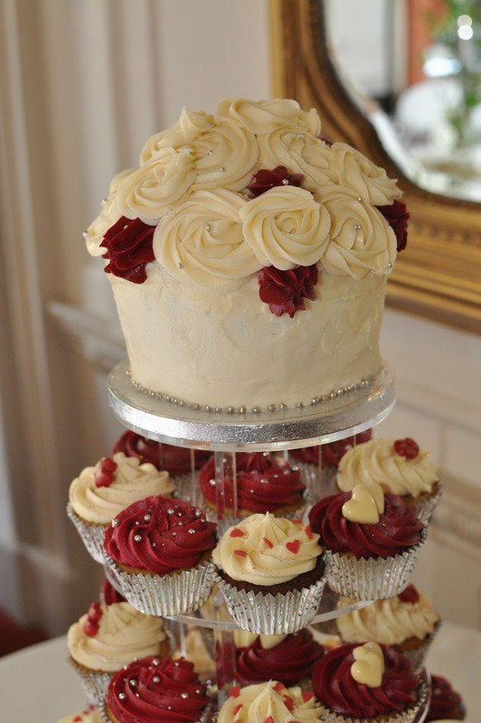 Cup Cake Wedding Cakes
 Burgundy and cream wedding cupcakes and giant