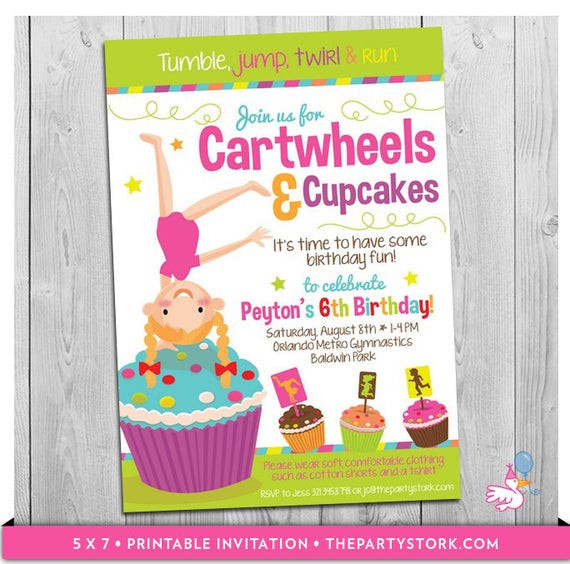 Cupcake Birthday Invitations
 Cartwheels and Cupcakes Invitation Printable Girls Birthday