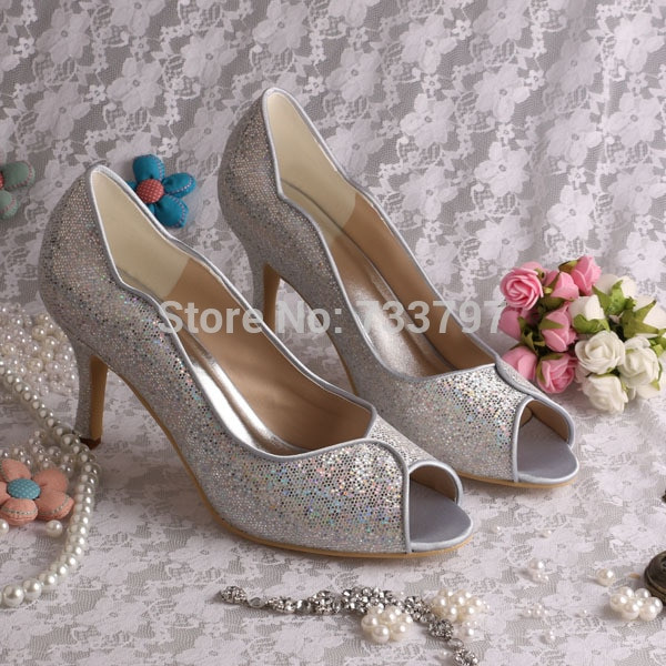 Custom Made Wedding Shoes
 Custom Handmade Silver Glitter Mid heel Wedding Shoes