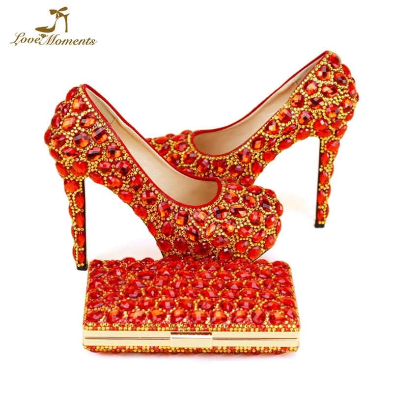 Custom Made Wedding Shoes
 Custom Design Red with Gold Rhinestone Bridal Formal Dress