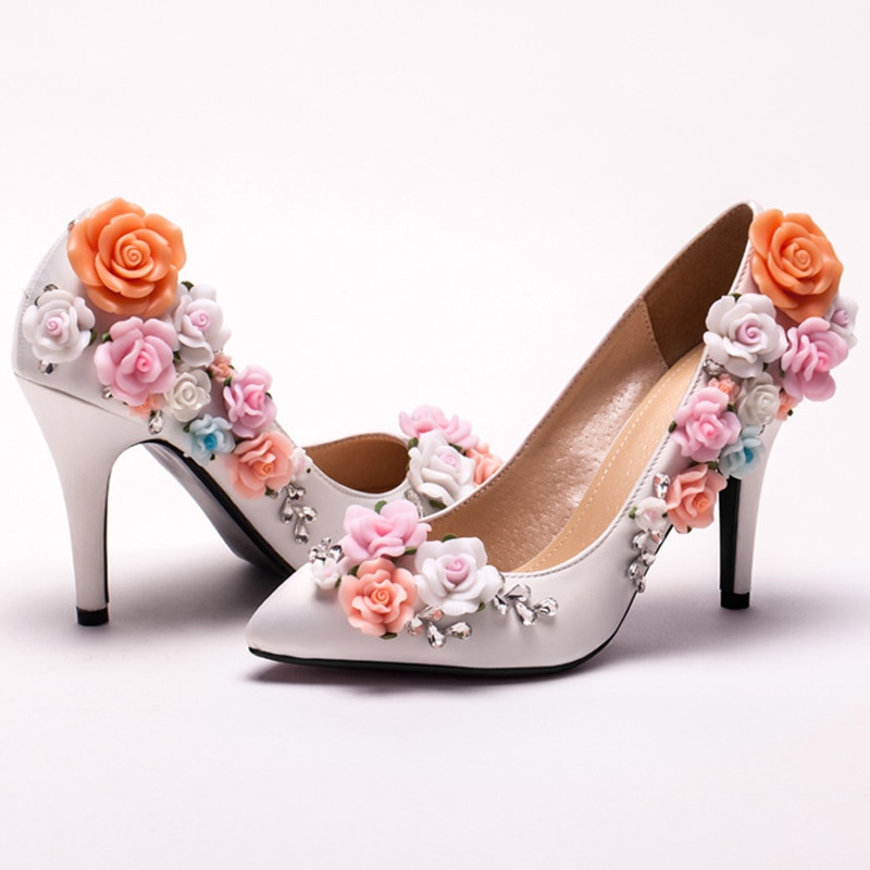 Custom Made Wedding Shoes
 Custom Made White Satin Flower High Heel Lady shoes
