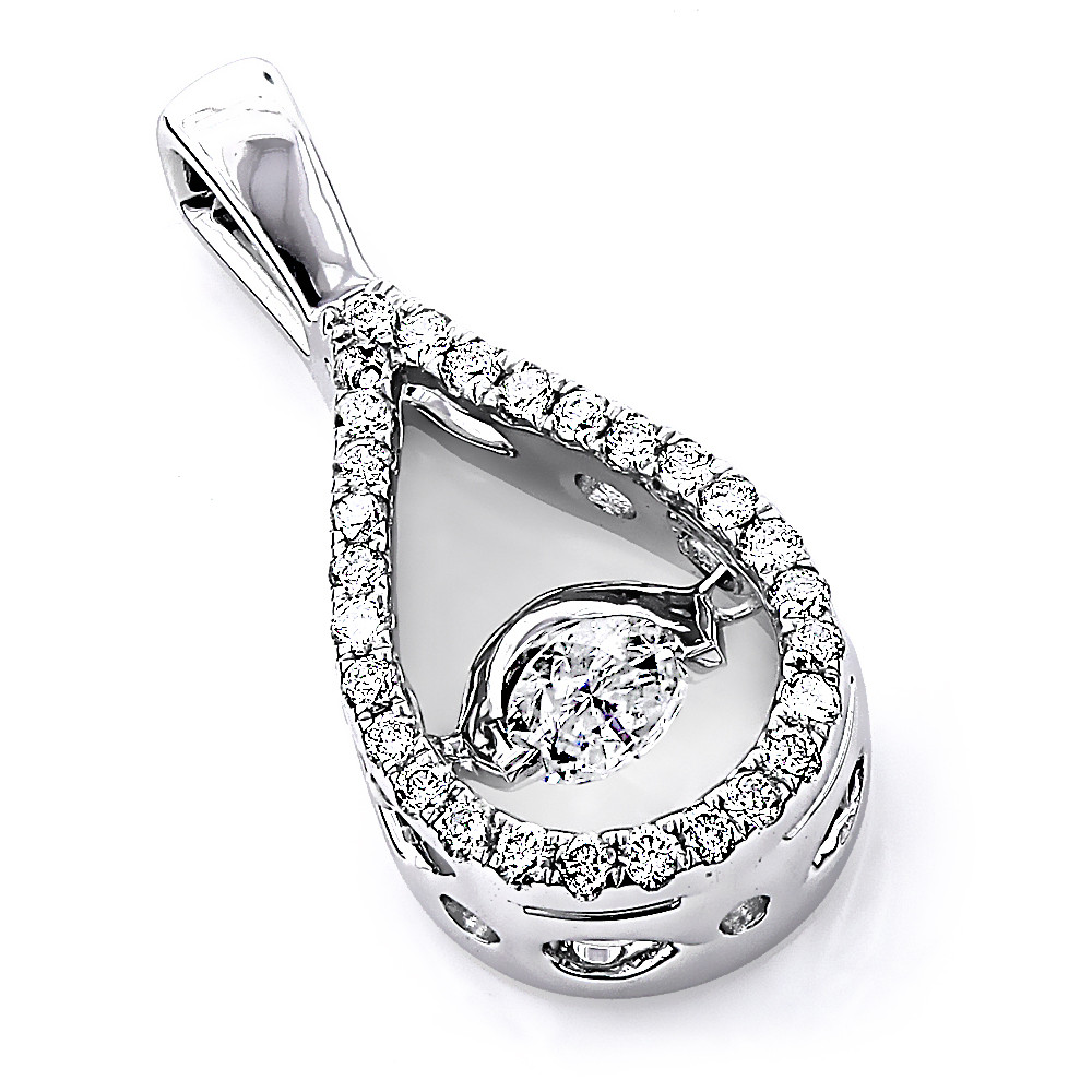 Dancing Diamond Necklace
 14K Gold La s Pave set Teardrop Shaped Dancing Diamond
