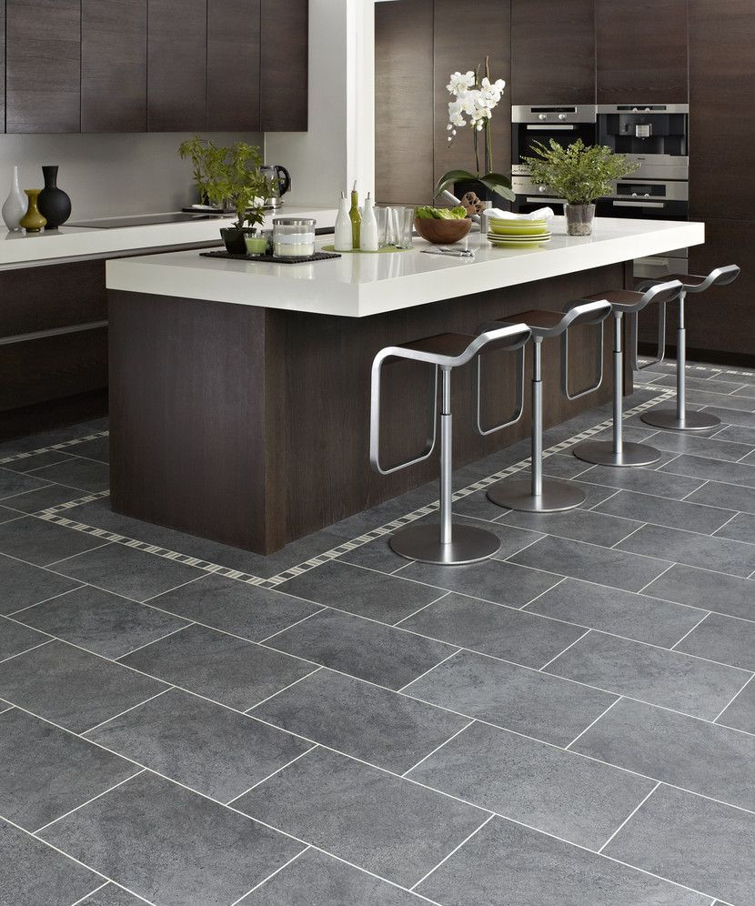 Dark Tile Kitchen Floor
 Gray tile with dark brown cabinets