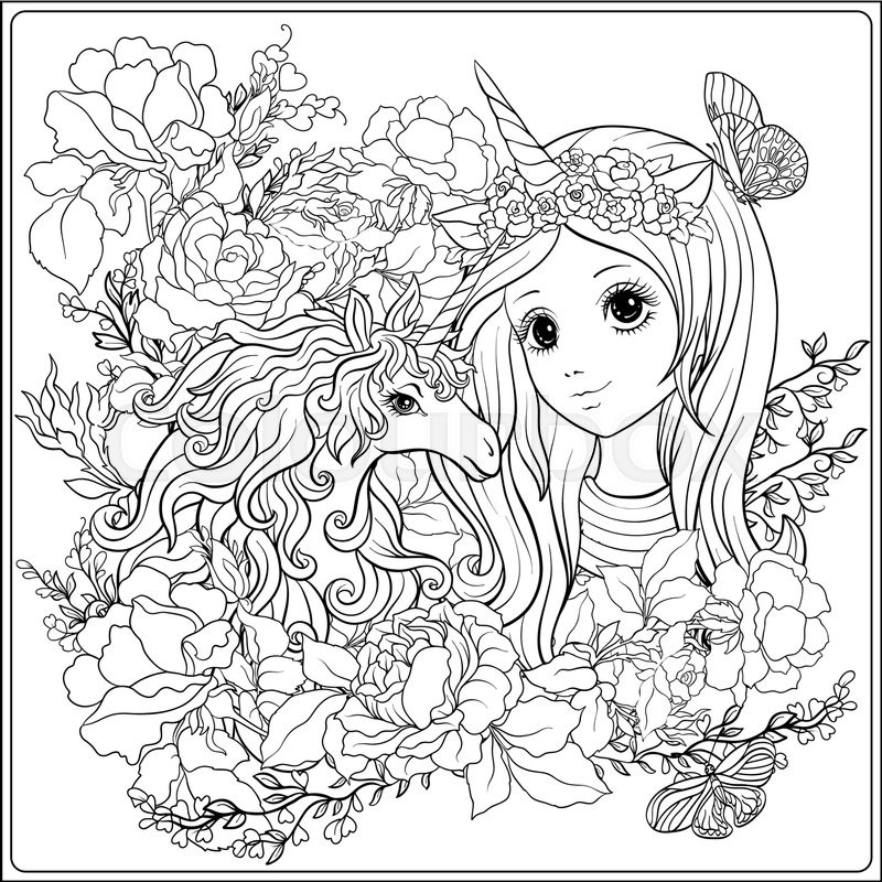 Detailed Coloring Pages For Girls
 Cute girl and unicorn in roses garden