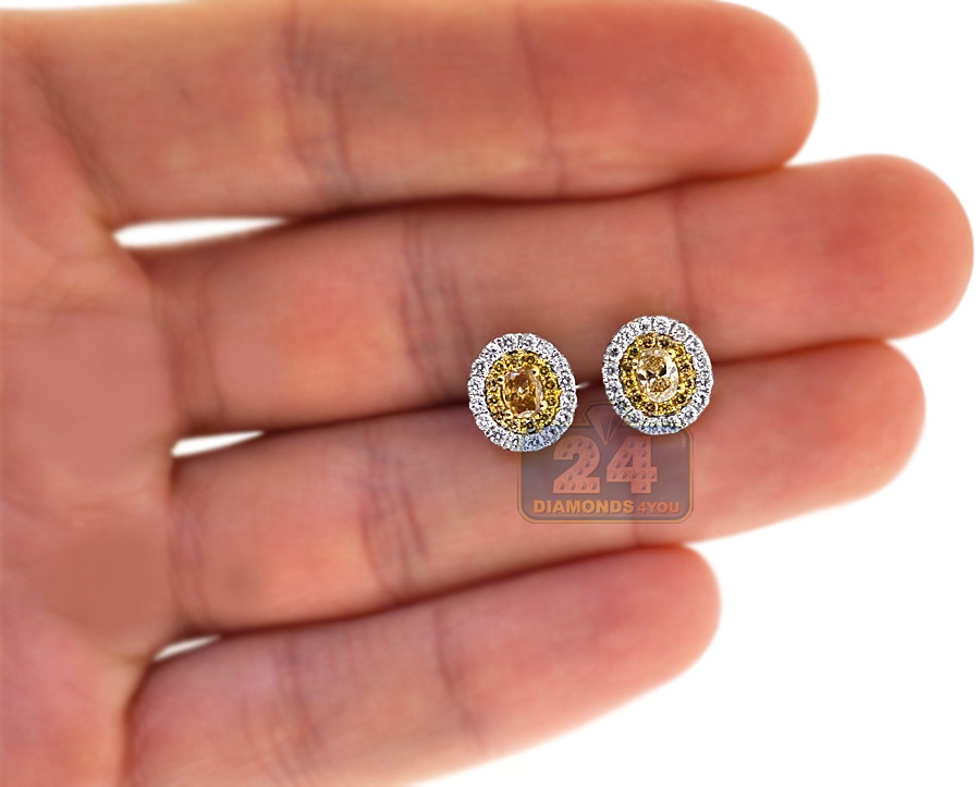 Diamond Earrings For Women
 Womens Canary Diamond Halo Stud Earrings 14K White Gold 1