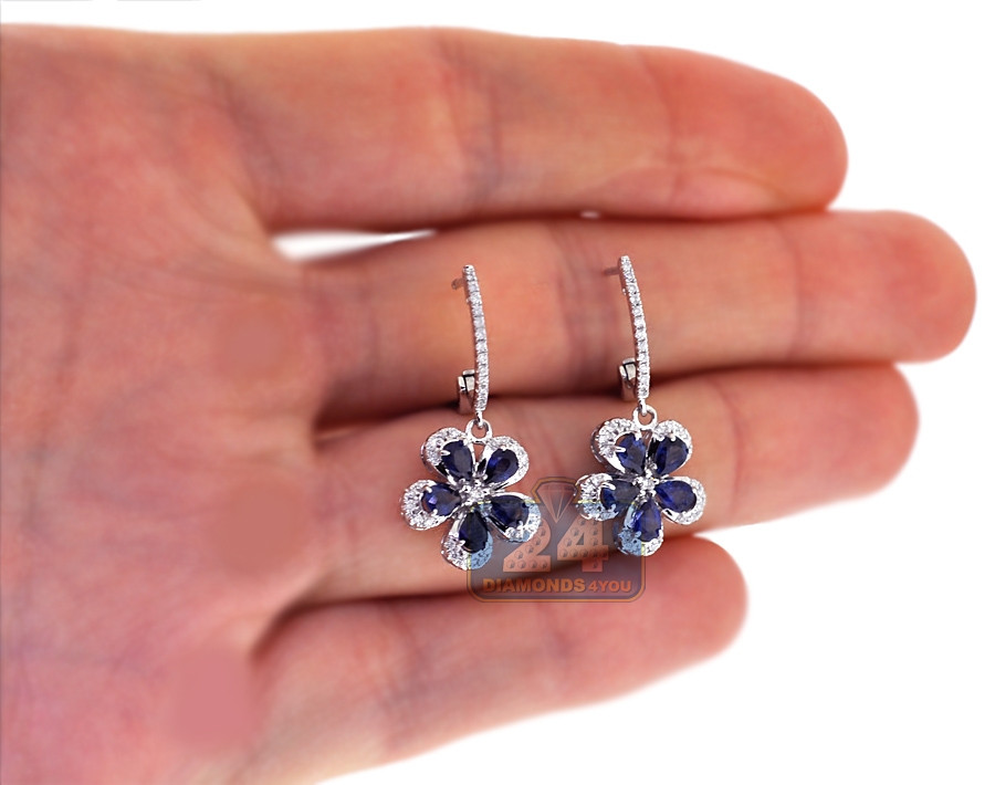 Diamond Earrings For Women
 Womens Diamond Blue Sapphire Flower Drop Earrings 14K