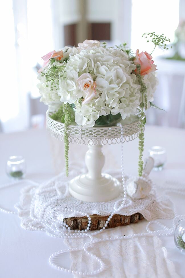 DIY Centerpieces For Wedding
 Vintage Inspired Rose and Hydrangea Centerpiece With Pearls
