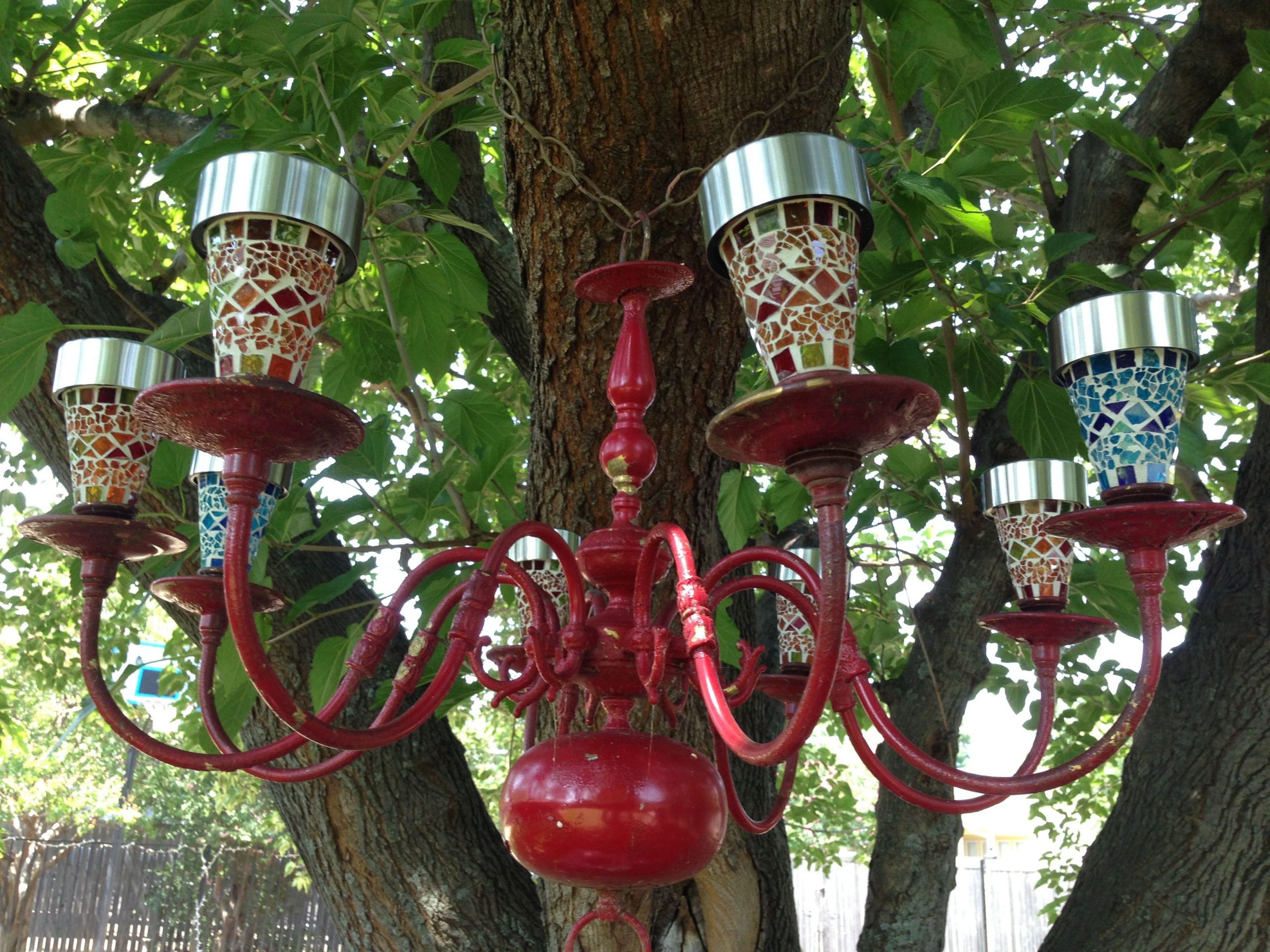 DIY Outdoor Chandelier With Solar Lights
 DIY colorful Outdoor lighted chandelier Found brass