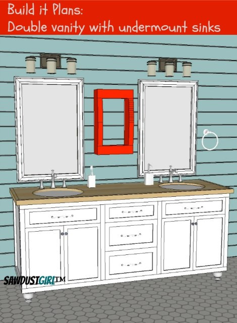 DIY Vanity Plans
 Double Vanity with Center Drawers Free Plans Sawdust Girl
