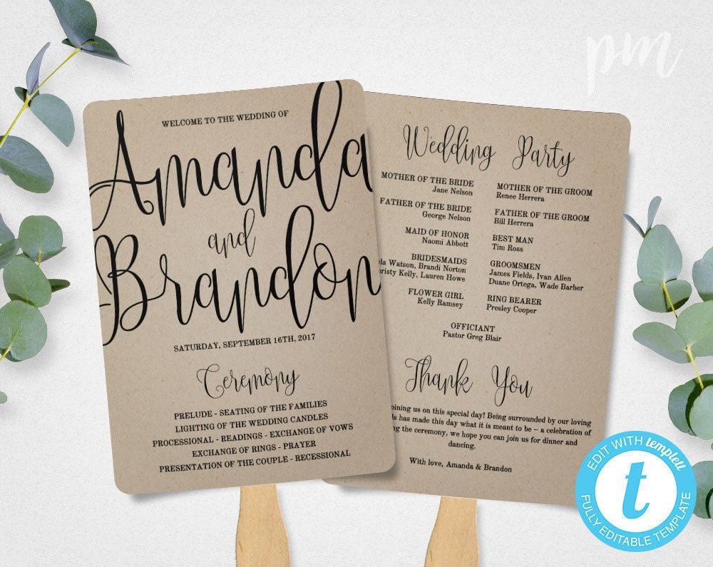 DIY Wedding Fan Templates
 Wedding Program Fan Template Calligraphy Script Printable