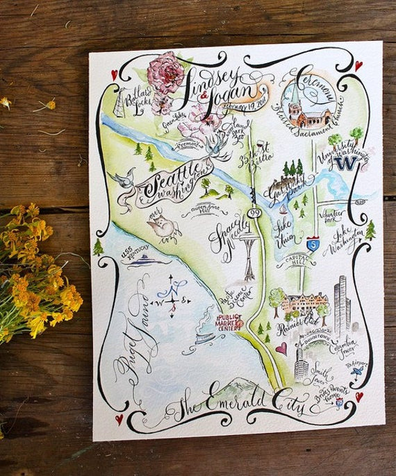 DIY Wedding Map
 Wedding Map Save the Date Custom Illustrated Watercolor by