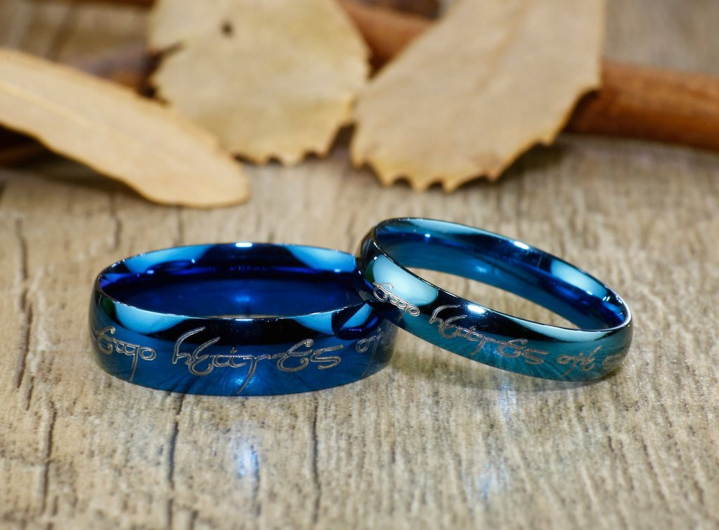 Elvish Wedding Rings
 Handmade Blue Dome shape Custom Your words in Elvish Lord of the Ring