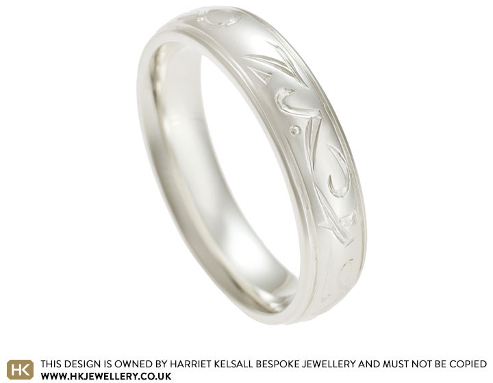 Elvish Wedding Rings
 Unique hand engraved "Elvish" inspired white gold wedding ring