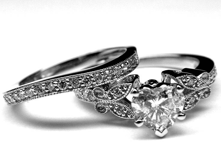 Elvish Wedding Rings
 Engagement Ring Heart Shape Diamond Butterfly Vintage Engagement Ring & Matching Wedding Band