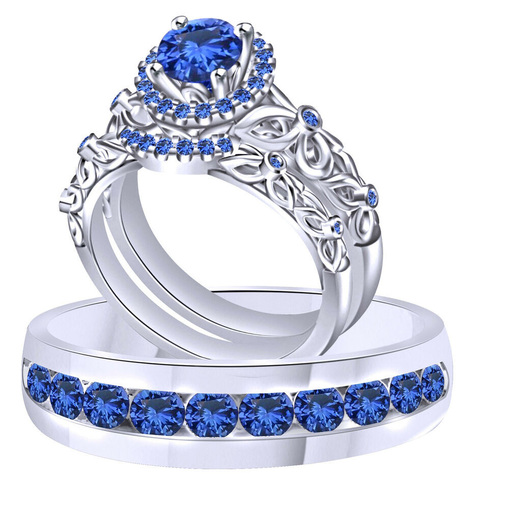 Engagement And Wedding Rings Sets
 Blue Sapphire Trio Wedding Ring Band Set Solid 18K White