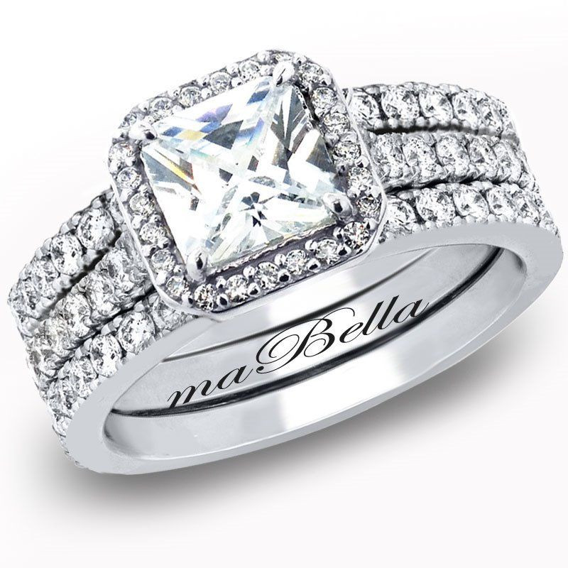 Engagement And Wedding Rings Sets
 Hot 3 Pcs Women Princess Cut Sterling Silver Bridal