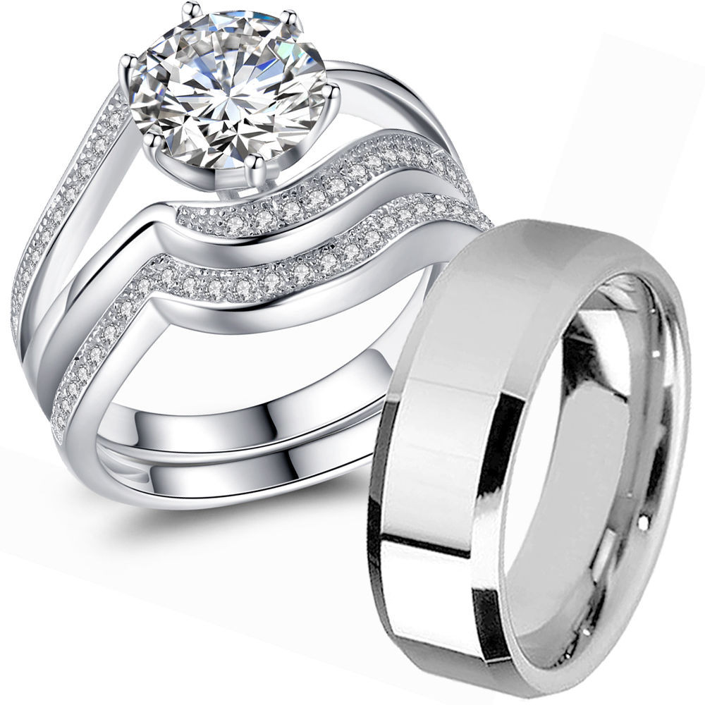 Engagement And Wedding Rings Sets
 Couple Wedding Ring Sets His and Hers 925 Sterling Silver