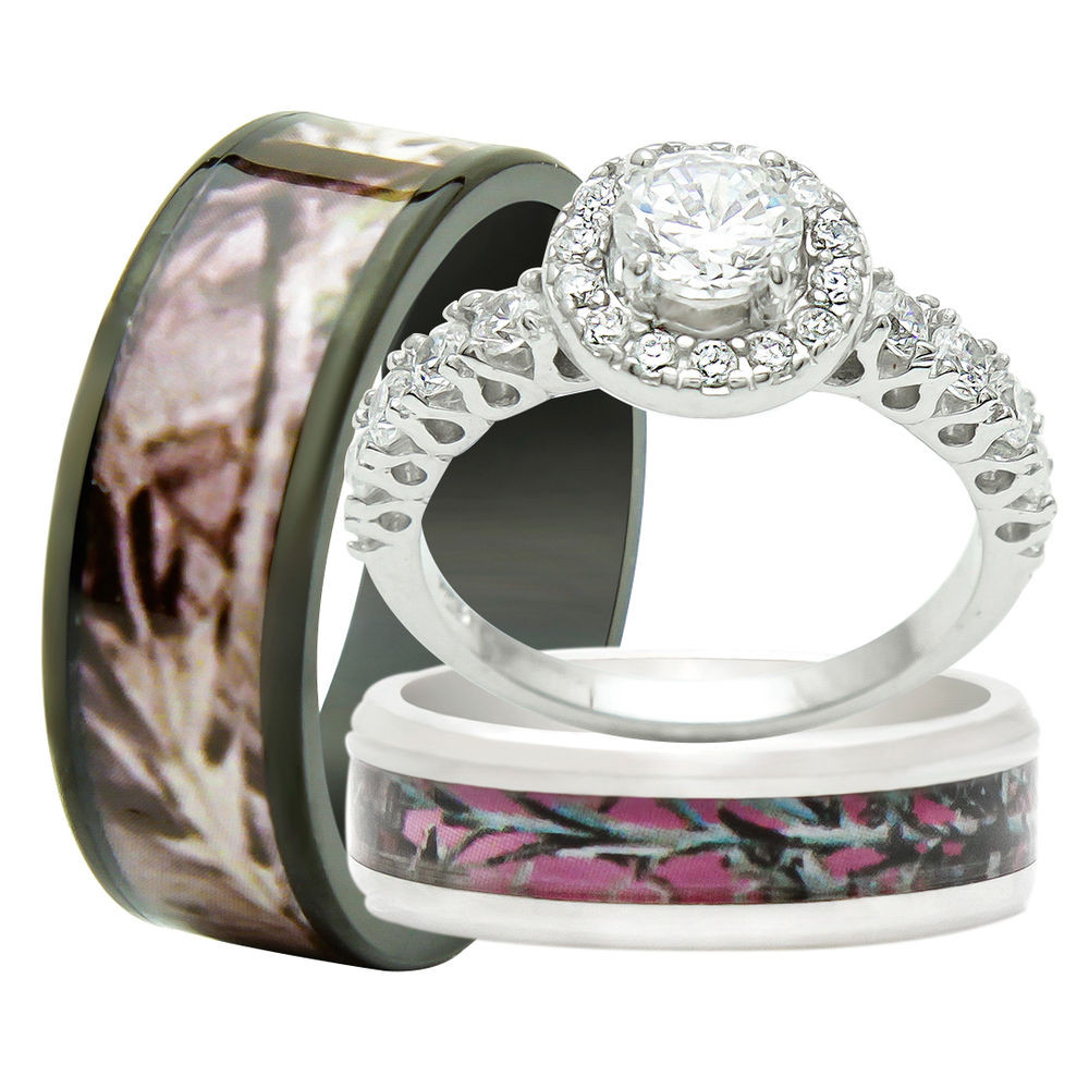 Engagement And Wedding Rings Sets
 His and Hers 3PCS Titanium Camo 925 Sterling Silver
