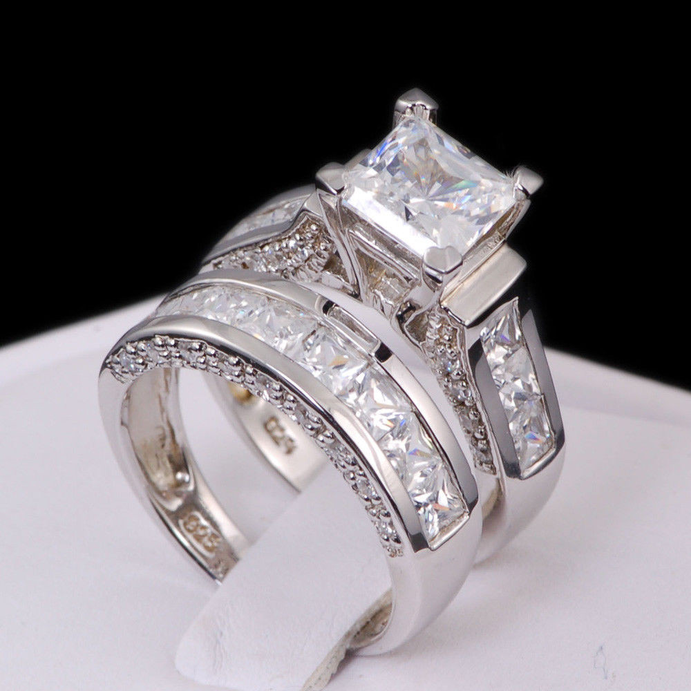 Engagement And Wedding Rings Sets
 Sterling Silver 14k White Gold Princess Diamond Cut