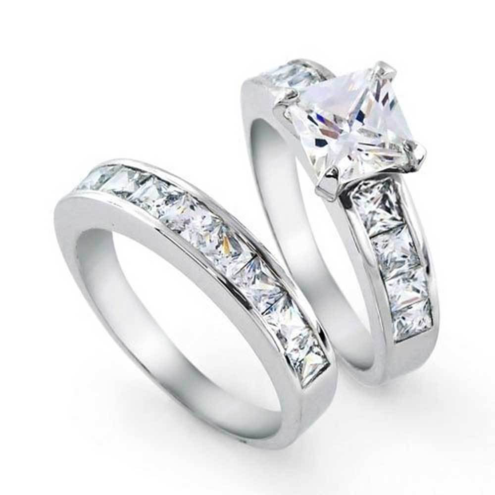 Engagement And Wedding Rings Sets
 Bling Jewelry Sterling Silver 2ct CZ Princess cut