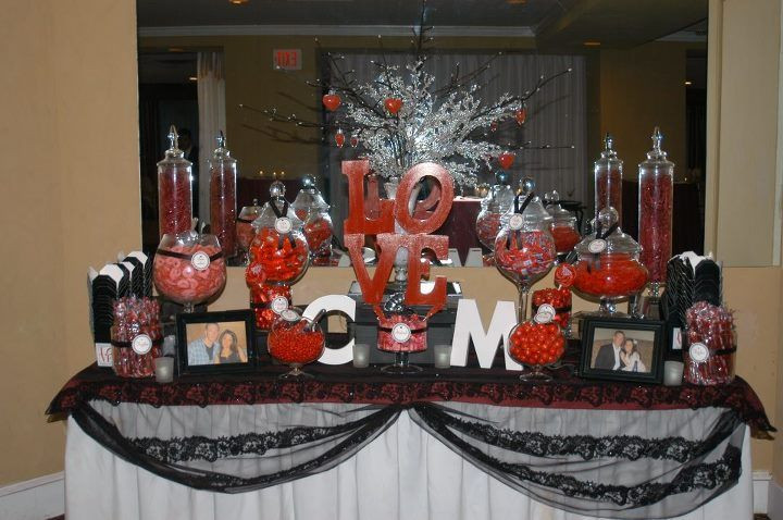 Engagement Party Buffet Ideas
 Engagement Party Love themed candy table Red and black