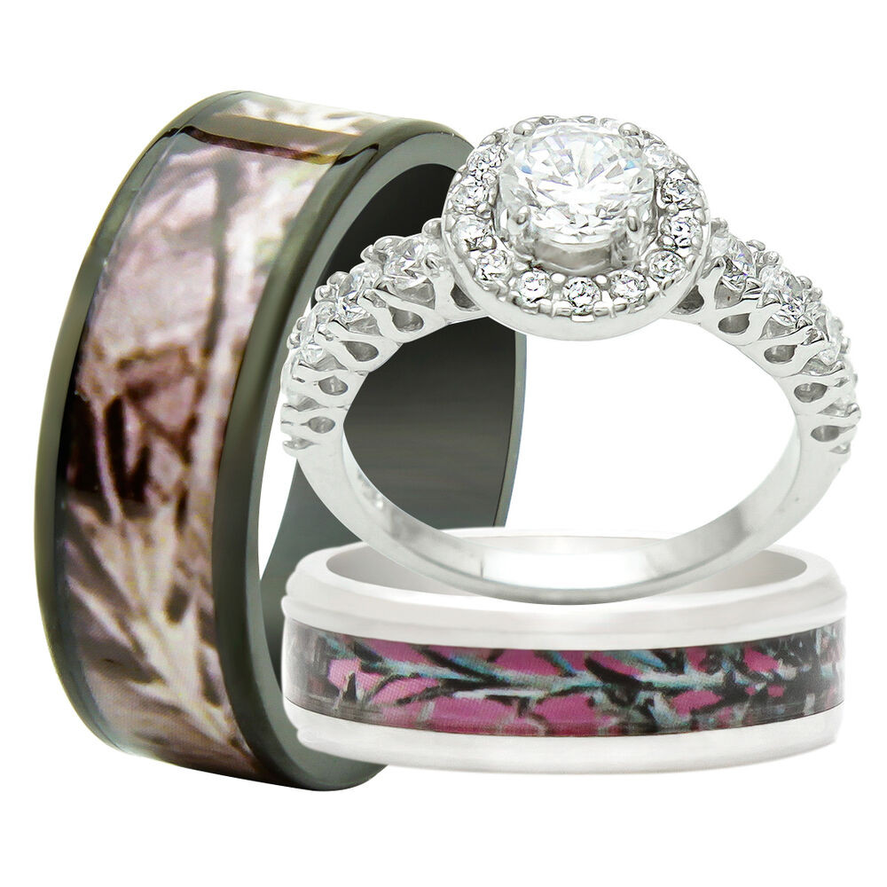 Engagement Wedding Rings Sets
 His Titanium Camo Hers 925 Sterling Silver 3PCS Engagement