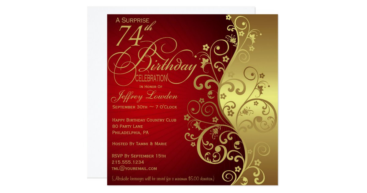 Evites Birthday Invitations
 Red & Gold 74th Birthday Party Invitation