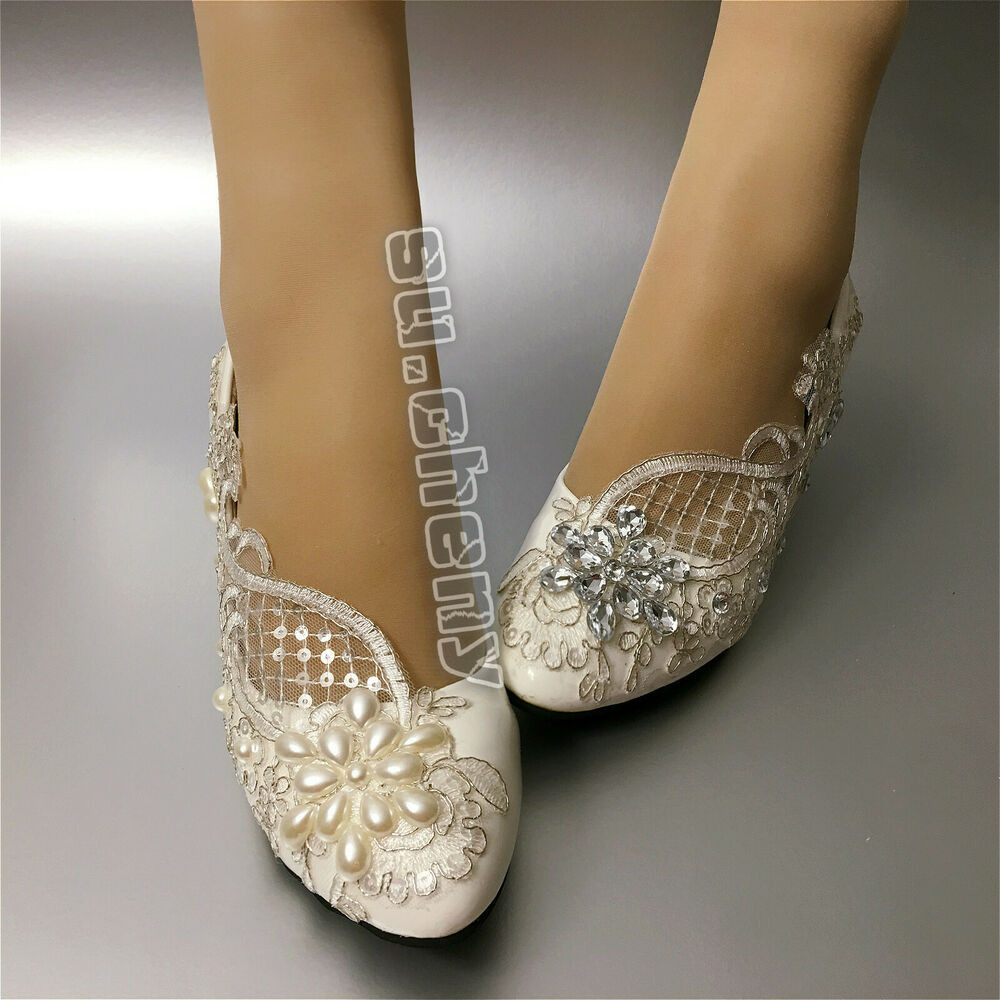 Flat Lace Wedding Shoes
 sueny Lace white ivory crystal flats low high heel pump