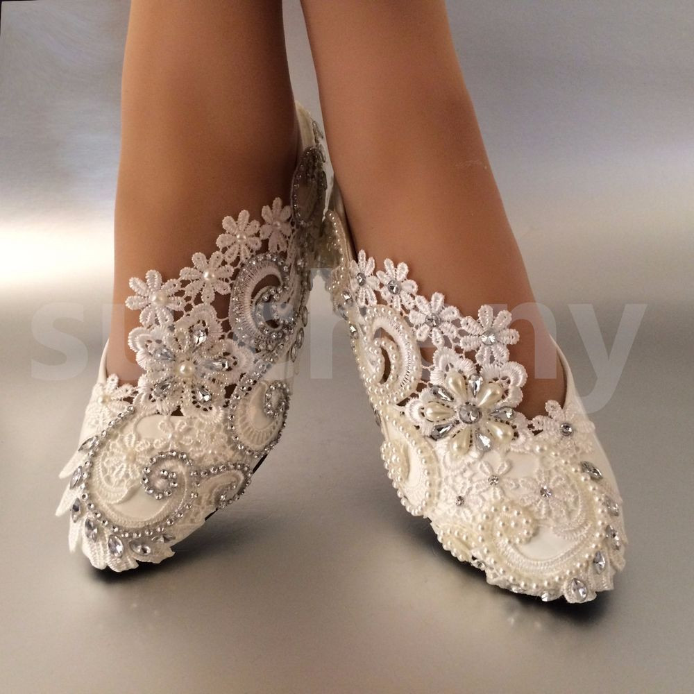 Flat Lace Wedding Shoes
 sueny White ivory pearls rhinestones lace flat Wedding