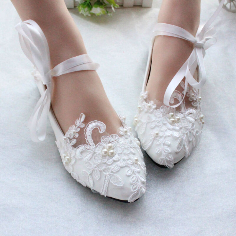 Flat Lace Wedding Shoes
 Women Flats Pearls Lace Mary Jane Princess Wedding White