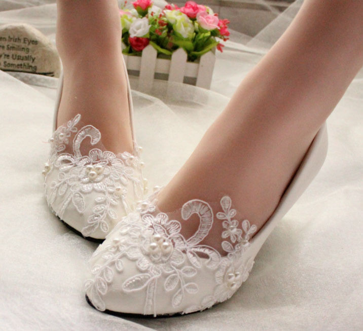 Flat Lace Wedding Shoes
 Lace Wedding Shoes Pearls Bridal shoes High Low Heels flat