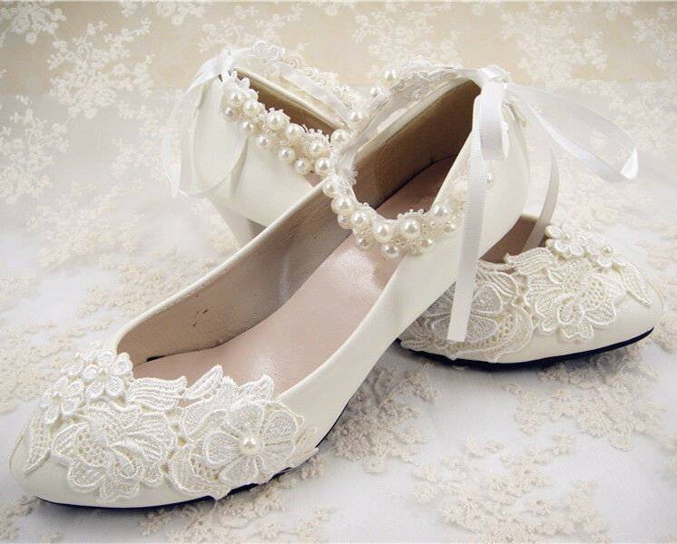 Flat Lace Wedding Shoes
 Handmade f White Lace Bridal Shoes Flat Ankle Strap