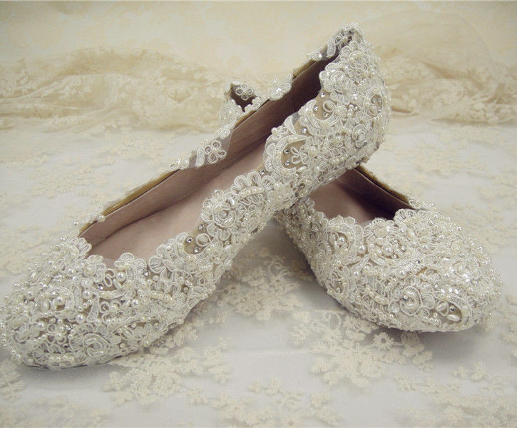 Flat Lace Wedding Shoes
 Handmade Ivory Floral Beaded Lace Bridal Shoes Flat Pearl