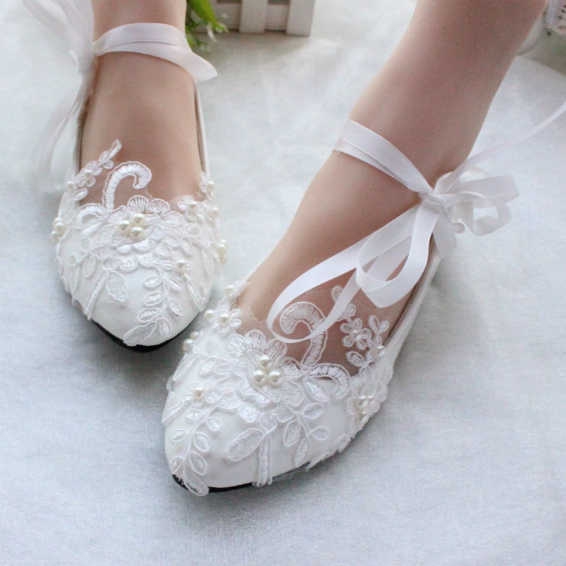 Flat Lace Wedding Shoes
 Free shipping women white ivory lace pearls wedding shoes