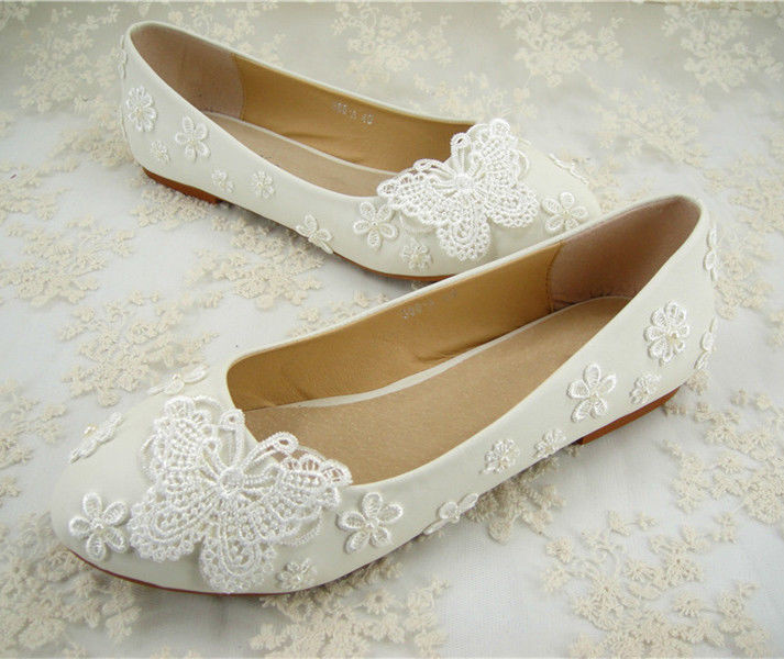 Flat Lace Wedding Shoes
 Handmade White Flat Pearl Lace Bridal Shoes Floral Beaded